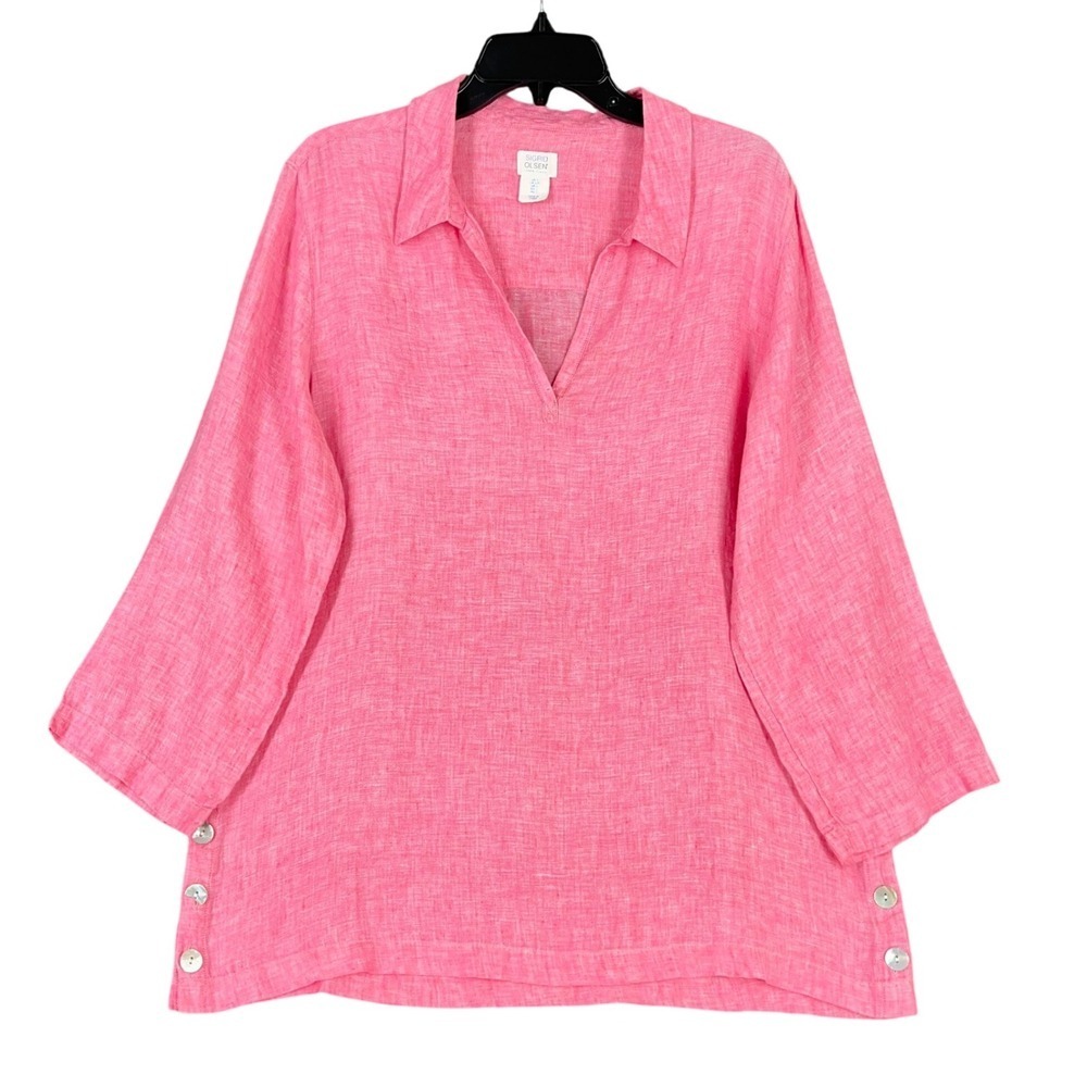 Sigrid Olsen 100% Linen V Neck Tunic Top Side Button Pink L Womens